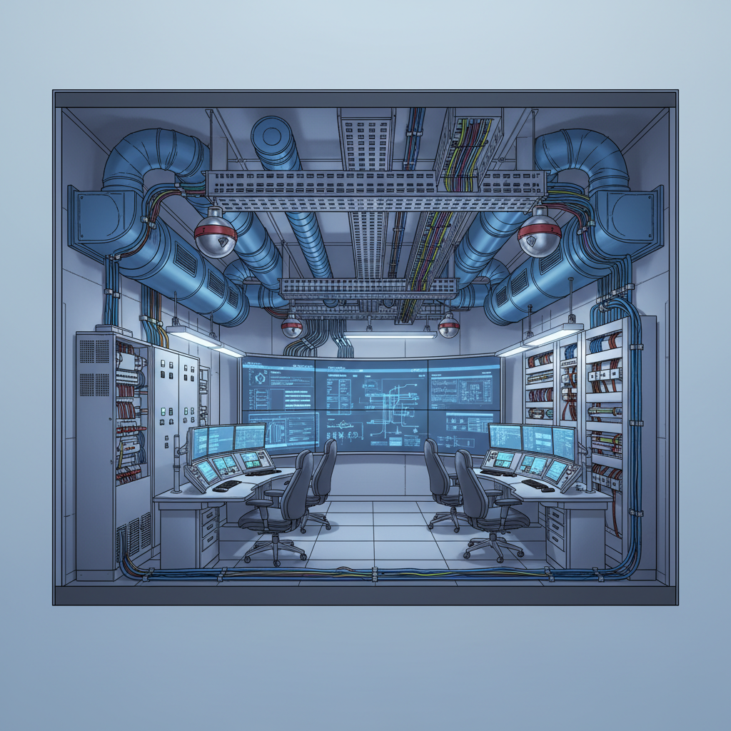 Cutaway diagram of a modular control room showing internal systems